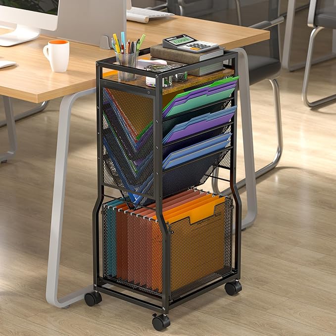 8 Tier Rolling File Cart with Hanging File Folder Organizer, Mobile File Organizer with 2 Sides Access Bookcase, Beside/Under Desk Cart with Wheels for Office Home School