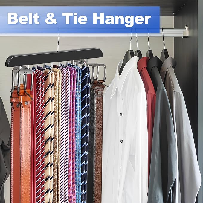 Upgraded Tie Rack Hanger with 20 Foldable Metal Hooks, Space Saving Necktie Organizer for Men – Large Capacity Tie and Belt Wooden Hanger for Closet - Black