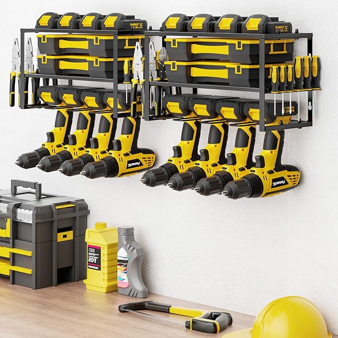 Spacecare Power Tool Organizer- Power Drill Tool Holder- Heavy Duty Tool Shelf & 2 Pack 3 Layers Tool Rack Cordless Drill Holder- Floating Tool Shelf Wall Mounted Tool Storage Rack for 8 Drill Holders