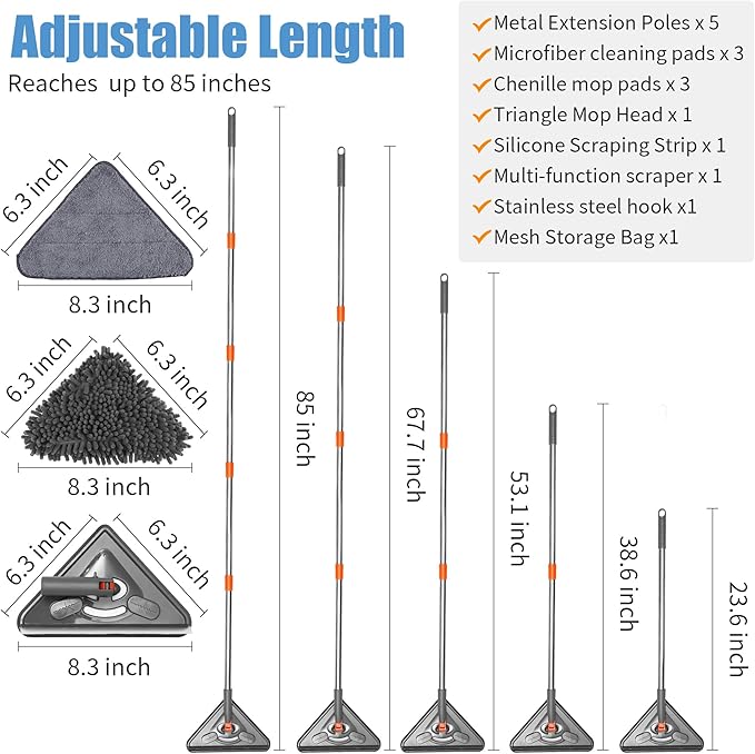 85" Wall Mop Cleaner with Long Handle and Stainless Steel Hook - 180° Rotating Wall Cleaner - Duster Tool for Walls, Multifunctional Scrapper, Ceiling, Windows and Floor with Extension Poles