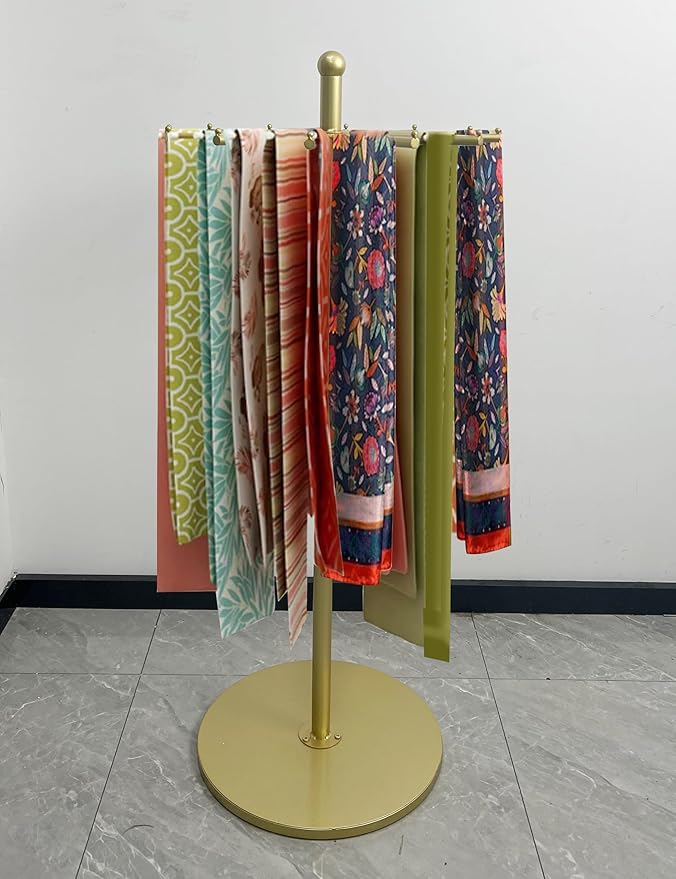 23-Inch Heavy-Duty Metal Rotating Rack | 12-Arm Freestanding Scarf Display Rack,With Adjustable Pad Base, Scarf, Bag, Fabric Storage Organizer, For Boutique, Retail & Home,Gold