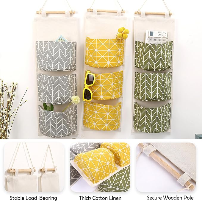 COVRA 3-Pack Wall Hanging Storage Bags – Over-the-Door Organizers with 3 Large Pockets (6.3" × 5.1"), Hanging Closet & Pantry Organizer for Bedroom, Bathroom, Dorm, and More (Yellow)