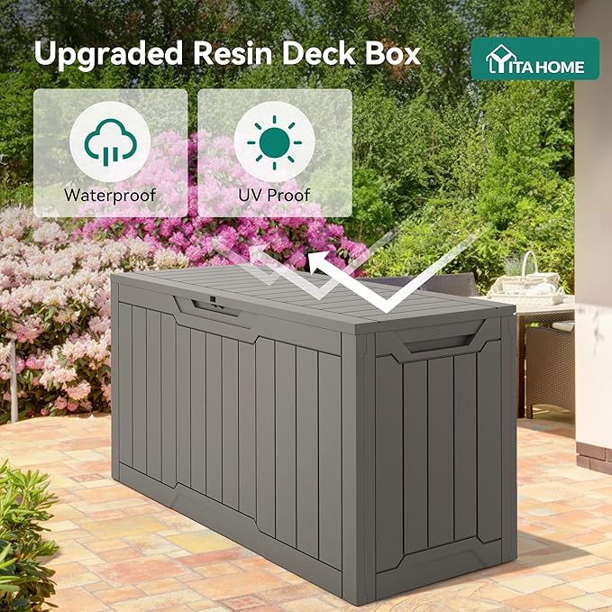 YITAHOME 80-Gallon Waterproof Resin Outdoor Storage Box, Lockable Storage Container for Outdoor Furniture, Cushion Storage, Pool Accessories, Garden Tools and Sporting Gear, Taupe