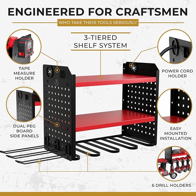 Power Tool Organizer-6 Drill Holder Wall Mount, 3 Tier Heavy-Duty Hand Tool Storage Rack, Utility Racks, Drill Holder, 2 Pegboard Sides - Garage Storage Cordless Tool Organizer (Red)
