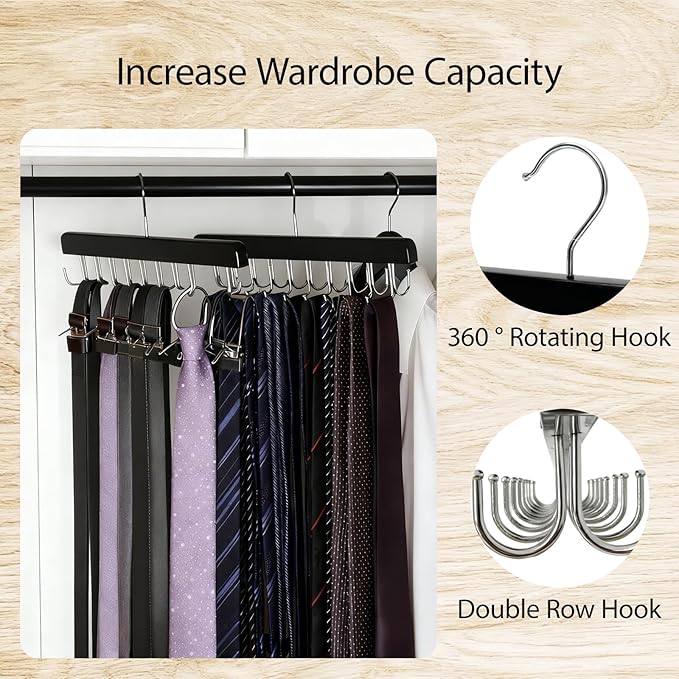 2 Pack Wooden Multi-Functional Belt Hanger with 20 Collapsible Metal Hooks - Closet Belt Organizer, Tie Holder & Belt Hooks for Space Saving, Perfect for Men’s Accessories Storage