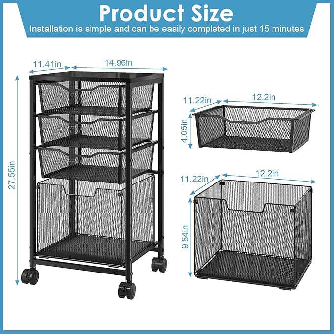 4 Drawers Rolling File Cart, Under Desk Mobile Filing Cabinet with Wheels, File Cabinets for Home Office, Hanging File Folder Organizer Utility Craft Cart Printer Stand, Black