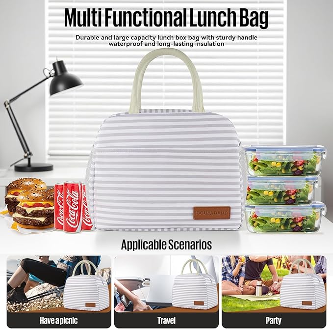 Lunch Bag Women/Men Lunch Box Women/Men (Grey+White Stripes)