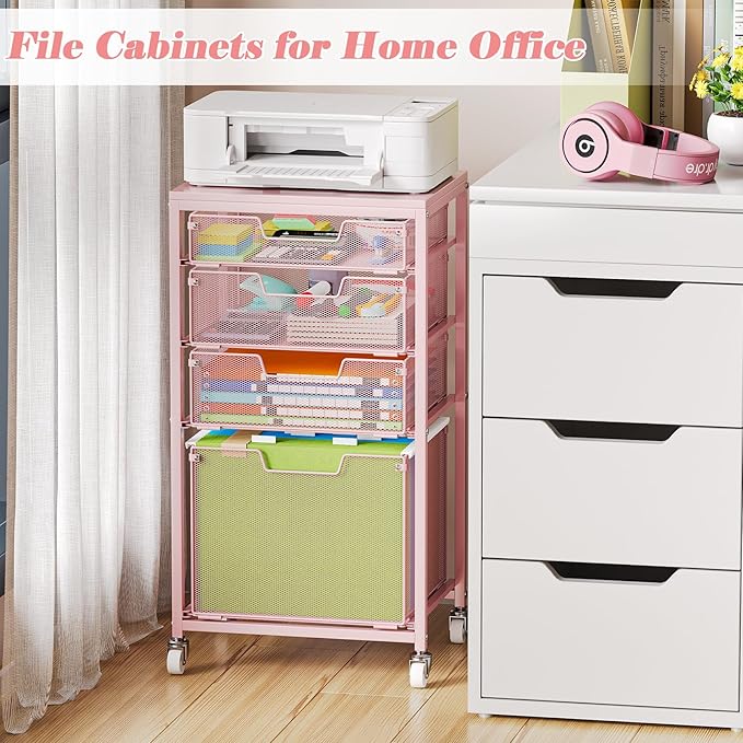 4 Drawer Rolling File Cart Under Desk Storage, File Cabinets for Home Office, Mobile Filing Cabinet, Hanging File Organizer with Wheels, Utility Cart Printer Stand, Pink