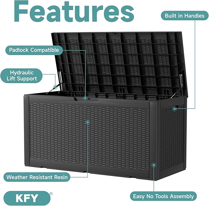 100 Gallon Waterproof Outdoor Storage Box, UV Resistant Resin Deck Box Perfect for Patio, Garden, and Pool (Black, 100 Gallon)
