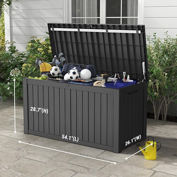 Mars Villa 150 Gallon Outdoor Storage Box, Large Resin Deck Box, Waterproof Storage Bin with Lockable Lid, Ideal for, Outdoor, Patio Furniture Cushions, Pool Supplies, Garden Tools, Black