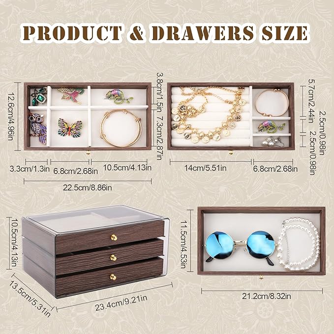 3 Layer Wooden Drawers Jewelry Box Vintage Style Jewelry Organizer with Acrylic Cover, Jewelry Storage Display Box for Ring Earrings Necklace Bracelet Box for Women and Girls Farmhouse Style Wood