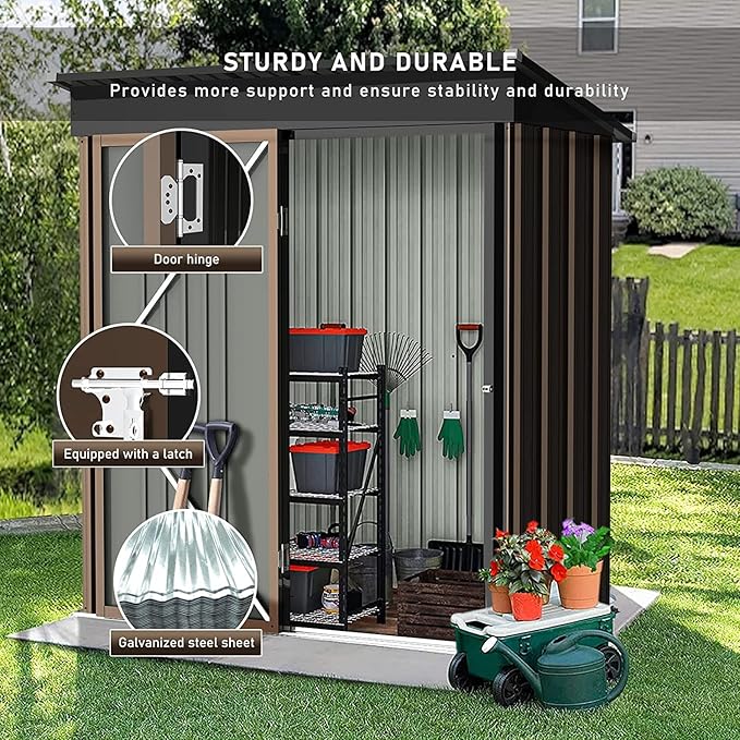 LEMBERI 5x3 FT Outdoor Storage Shed with Floor,Tool Garden Metal Sheds with Lockable Door,Outside Waterproof Galvanized Steel Storage House for Backyard Garden, Patio, Lawn Brown