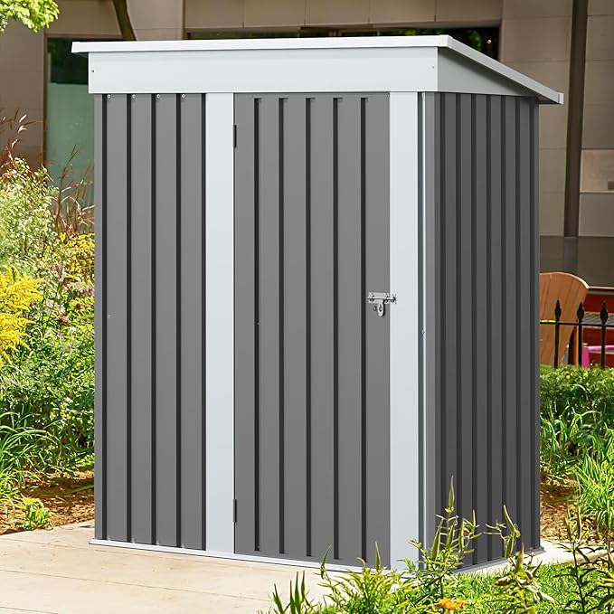 GUNJI 5 x 3 FT Shed Outdoor Storage Shed Metal Garden Shed with Lockable Door Outside Waterproof Tool Shed for Backyard, Patio, Lawn (Gray)