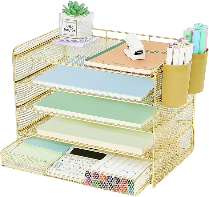 Desk Organizers and Accessories, 5-Tier Paper Letter Tray Organizer with Drawer & 2 Pen Holders, Desktop Organizer for Office Supplies (Gold)