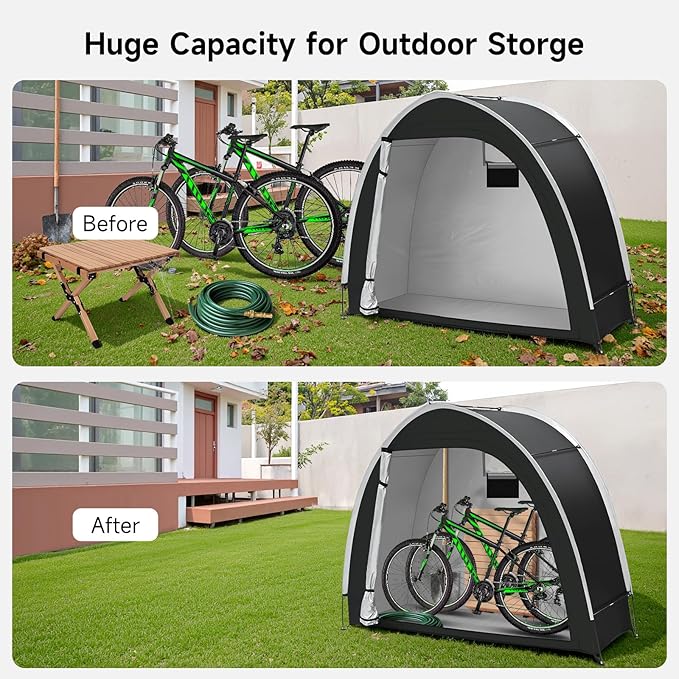 Bike Storage Tent for Outdoor, 2-3 Bike Capacity with Extra Top Space, PU5000 Waterproof 210D Oxford Fabric with Taped Seams, Portable Floor Storage Shed for Bicycle, Motorcycle & Garden Tools, etc
