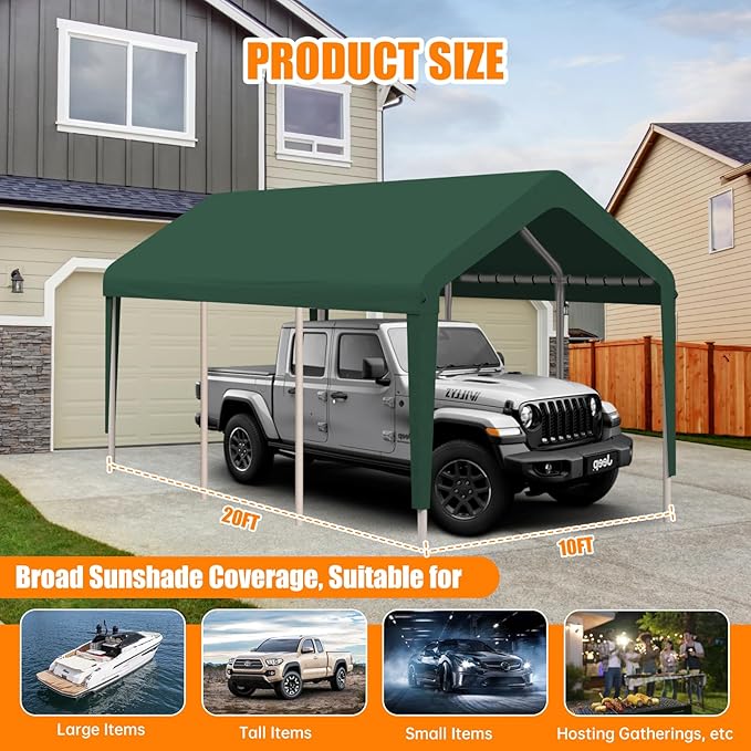 Carport Canopy 10 FTx20 FT Heavy Duty Replacement Cover, 800D Oxford Garage Shelter Cover Waterproof & UV Protected, Tarp with Ball Bungees, Not Include Frame, Dark Green