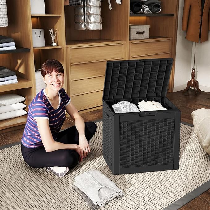 36 Gallon Outdoor Deck Box,Waterproof Resin Outdoor Storage Boxes, Outside Storage Lockable Container for Garden Tools,Indooor Cushions,Accessories (Black)