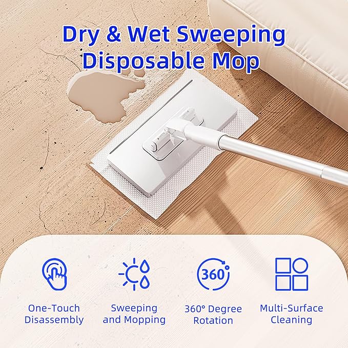 Snap-Grip Mini Mop with 39in Handle — INWEJIA Zero-Touch Gap Dust Cleaner & Locking Head, Disposable Lazy Mop Wet and Dry for Kitchen Bathroom Toilet Corners Window Wall Cleaning