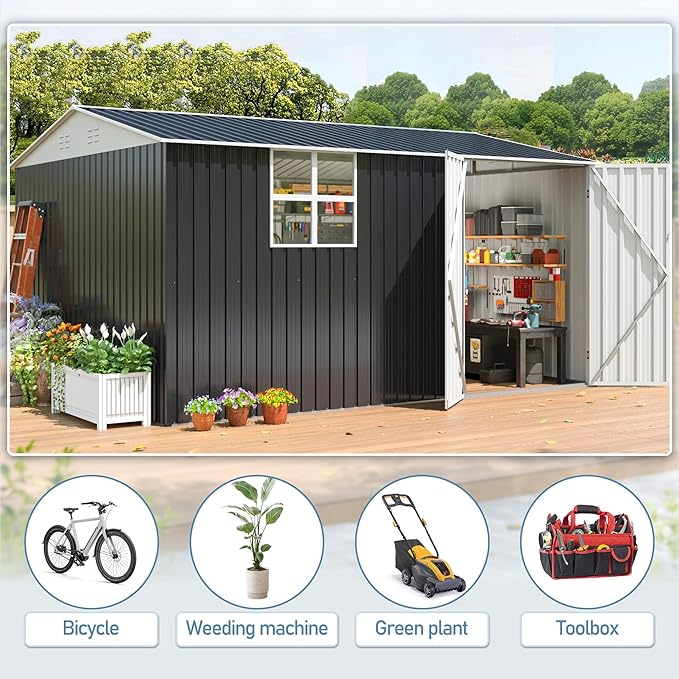12x10 FT Outdoor Metal Storage Shed with Window, Heavy-Duty Galvanized Steel Tool Shed with Lockable Doors, Waterproof Garden Shed for Backyard, Patio, Lawn, Black