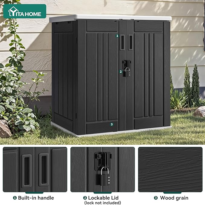 YITAHOME Outdoor Storage Cabinet with 2 Shelves, Waterproof Resin Horizontal Tool Shed, Lockable 15 cu. ft. Storage Shed for Patio, Garden, Yard, Dark Gray