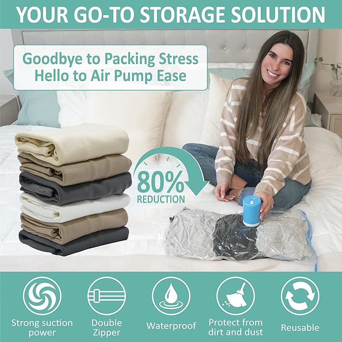 Cozy Essential 8 Pack Travel Vacuum Storage Bags with Rechargeable Wireless Electric Pump for Luggage, Suitcase, Carry-on Size Vacuum Seal Compression Space Saver Bags for Clothes and Clothing Travel