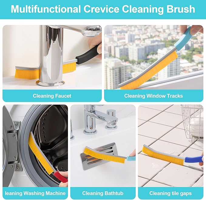 JOYMOOP 4 Pack Crevice Cleaning Brush, Hard Bristle Grout Brush, House Cleaning Supplies, Magnetic Gap Cleaning Brush for Kitchen, Bathroom, Window, Toilet, Multifunctional Cleaning Tools-4 Colors