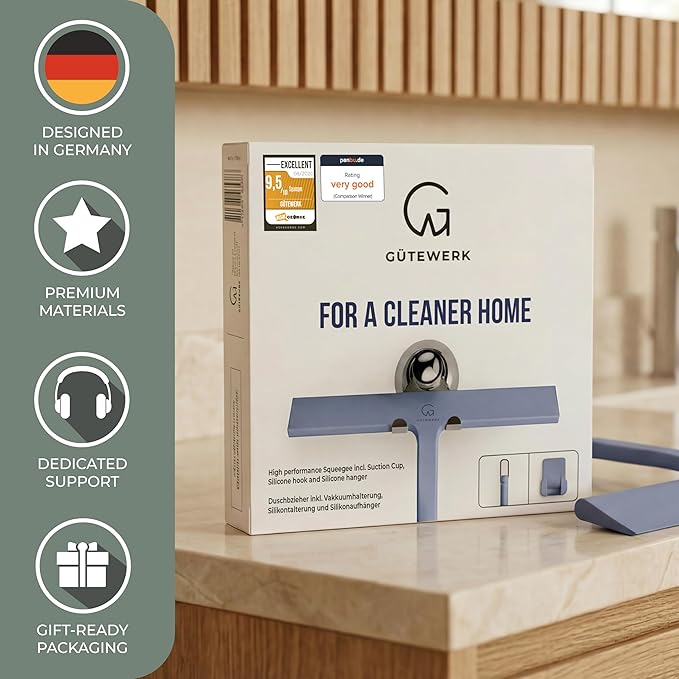 GÜTEWERK Shower Squeegee for Glass Doors, Silicone Window Squeegee, Bathroom and Glass Cleaning - Blue - 11 Inch