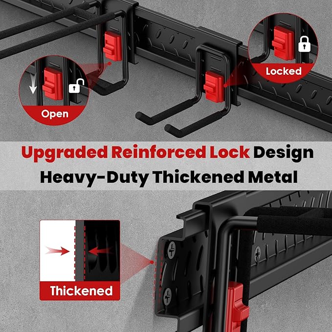 Garage Tool Organizer Wall Mount, Upgraded 48" Heavy Duty Garage Storage Tool Rack, Thickened Metal Wall System with 7 Adjustable Anti-Slip Hooks, 550 lbs Load Capacity, Reinforced Locking, For Garden
