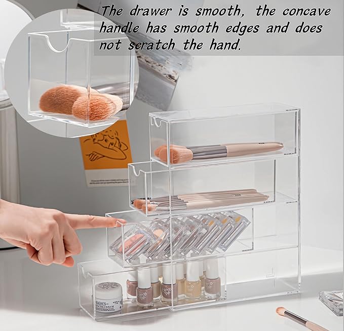 KNC Acrylic Eye Glass Storage Organizer Box with 4 Clear Divided Drawers for Sunglasses Stackable Cosmetic Jewelry Makeup Tabletop Coffee Pod Display Organizer Holder（Clear