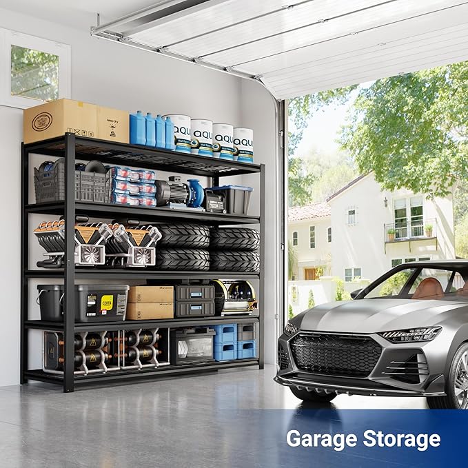 FLEXIMOUNTS 60" W Garage Shelving, 5 Tier Storage Shelves Load 1500LBS, Adjustable Garage Shelving Heavy Duty, Metal Shelves Unit for Basement, Warehouse, 60" W x 72" H x 24" D, Black