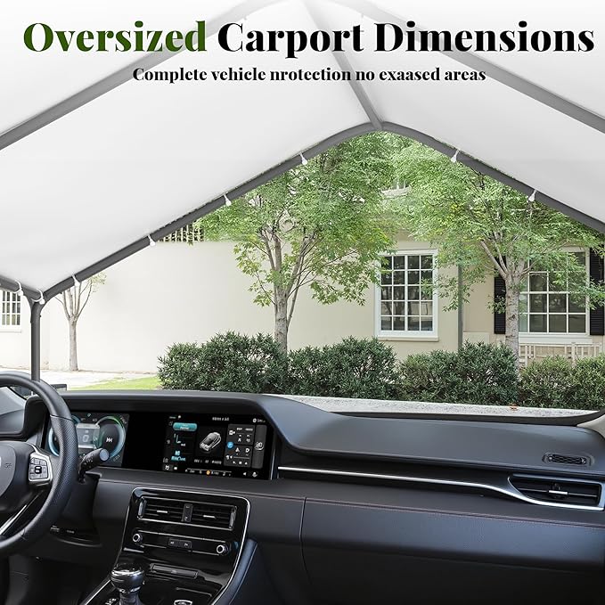 Carport, 10‘ x 20’ Heavy Duty Portable Garage All-Season Car Canopy, Outdoor Garage Boat Shelter Carport Canopy Party Tent w/Water-Resistant Tarp for Backyard (White, 10' x 20' /no Side)