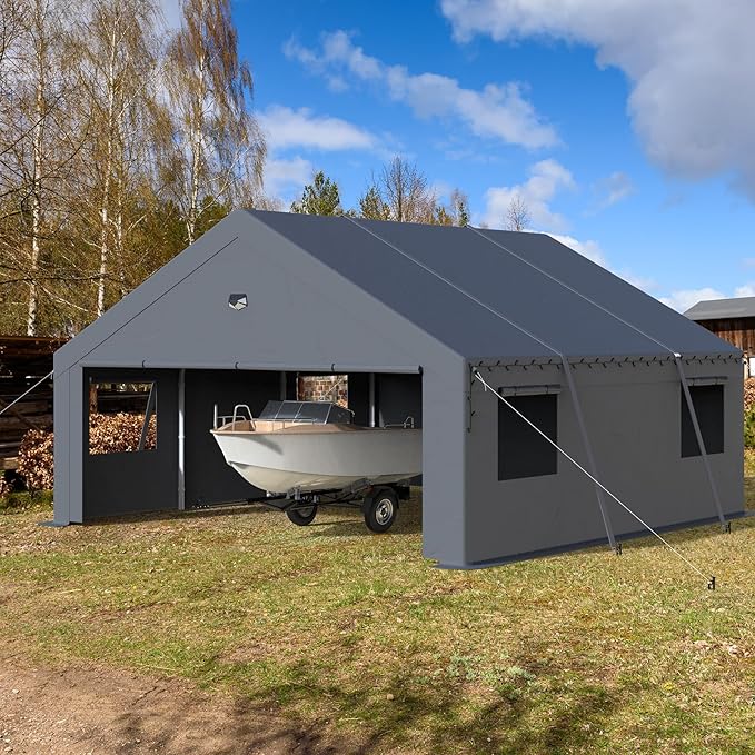 Carports Canopy 20x20 Heavy Duty, Portable Car Port Garage with Roll Up Drive Through Doors, Grey