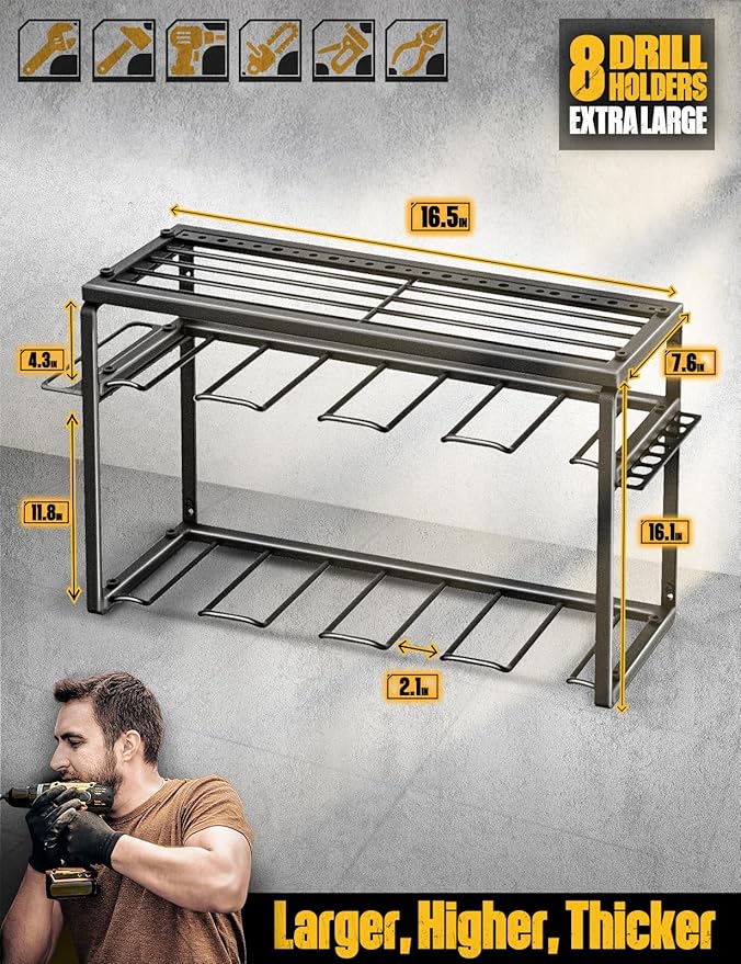 Power Tool Organizer, 8 Drill Holders Wall Mount, 3 Layer Heavy Duty Metal Storage for Garage Organization, Tools Storage with Hooks, Screwdriver Hammer Holder, Father's Day Mens Birthday Gift