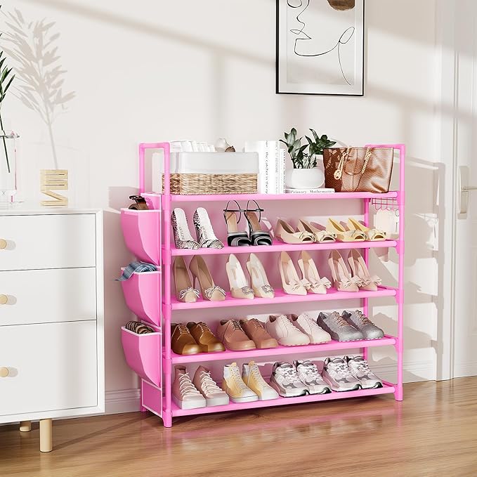 Shoe Rack for Closet Shoe Organizer Space Saver Storage for 20-25 Pair Shoe Shelf with Hook and Side Pocket Free Standing 5 Tier Shoe Rack Organizer for Entryway,Small Spaces, Pink