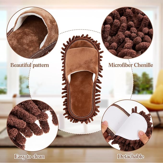 Jecery 4-Pair Washable Microfiber Mop Slippers - Detachable Dusting Shoes for Floor Cleaning, Office & Home Use - Suitable for Women & Men(Brown, Beige,M Size)