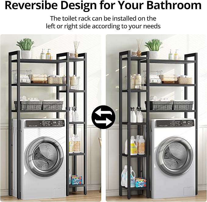 IRONCK Over The Toilet Storage with 8-Titer Shelf, Mass-Storage Side Storage Open Rack, Freestanding Bathroom Organizer Space Saver, for Bathroom, Restroom, Laundry, Black