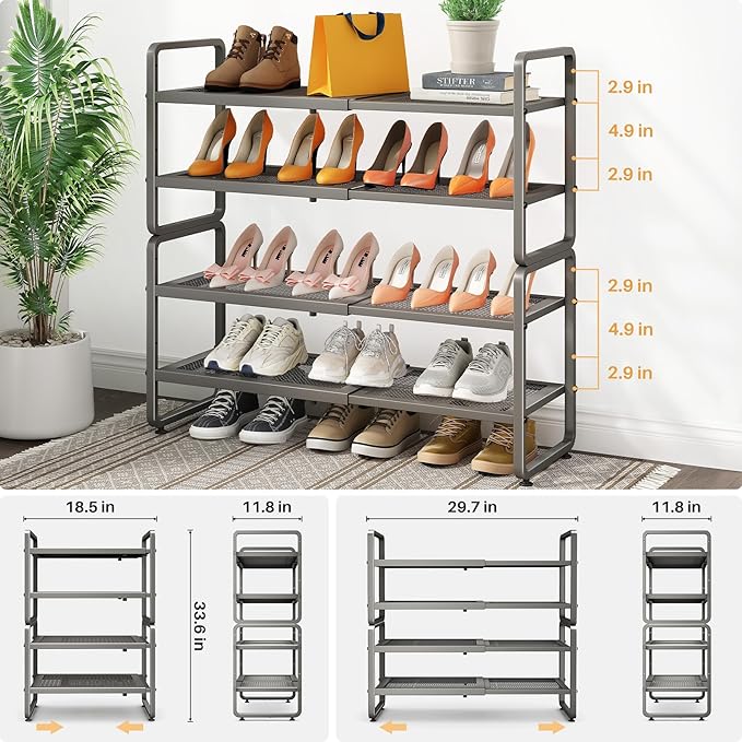 Shoe Rack - Expandable Shoe Organizer for Closet, Adjustable Metal Shoe Shelf Storage, Stackable Long Shoe Stand Holder for Garage, Entryway, Door Entrance (Grey, 4-Tier)