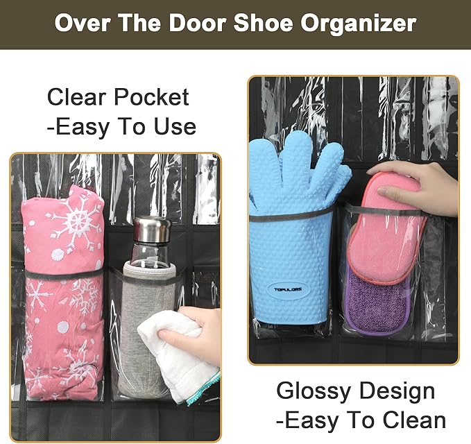 Over The Door Shoe Organizer - Space Saving Shoe Rack for Closet Door with 24 Crystal Clear Pockets and Metal Hooks, Shoe Holder Back of Door Organizers for Shoes, Hanging Shoe Organizer (Black)