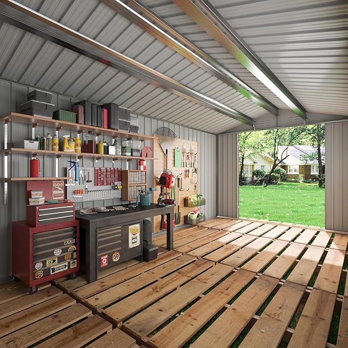10x14 FT Outdoor Storage Shed, Garden Shed with Updated Frame Structure and Lockable Doors, Metal Tool Sheds for Backyard Garden Patio Lawn, White