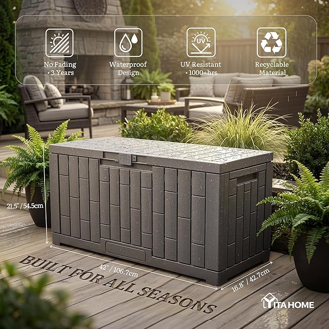 YITAHOME 60 Gallon Outdoor Storage Box, Lockable Resin Deck Box with Handles, Waterproof Outdoor Storage Box for Patio Furniture, Garden Tools and Pool Accessories, Light Brown