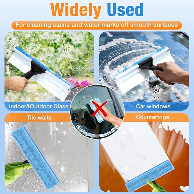 Window Squeegee for Home Window Cleaning,2-in-1 Window Cleaner Tool with Washable Microfiber Cloth, 13.8" Shower Squeegee for Glass Door,Mirror,Car Windshield,Outdoor Window Cleaning,Blue
