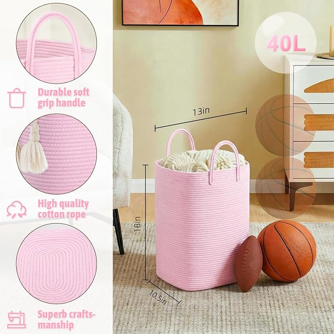 Laundry Basket,Woven Cotton Rope Laundry Hamper,40L Versatile Storage for Dirty Clothes,Baby Toys,and Blankets in Bathroom, Nursery,and Living Room