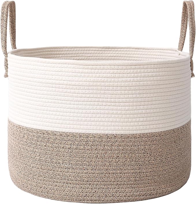 65L Extra Large Blanket Basket for Living Room - Woven Cotton Rope Laundry Hamper with Reinforced Handles - Storage Bin for Pillows, Comforters & Toys - Machine Washable,White&Brown