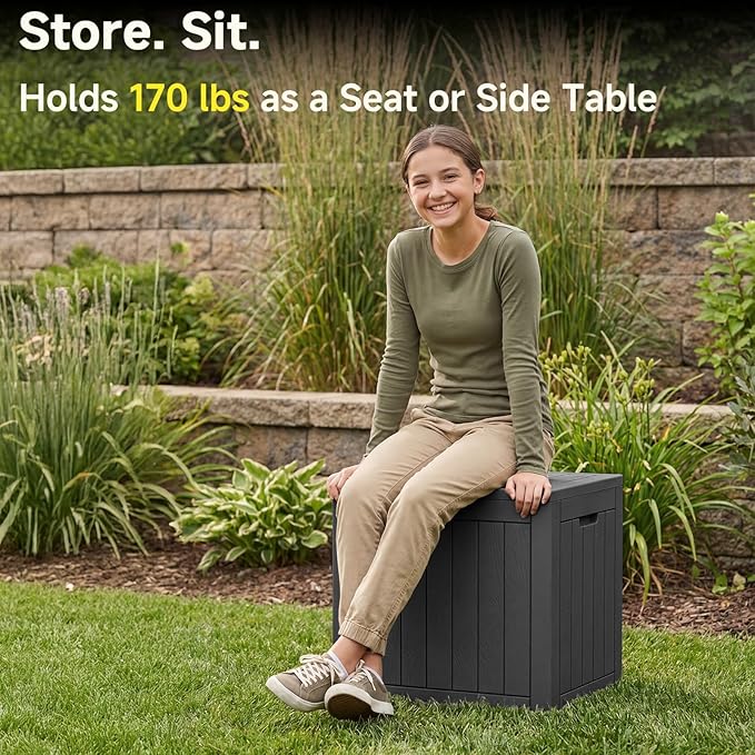35 Gallon Outdoor Deck Box,Waterproof Resin Outdoor Storage Boxes, Outside Storage Lockable Container for Garden Tools,Indooor Cushions,Accessories (Black)
