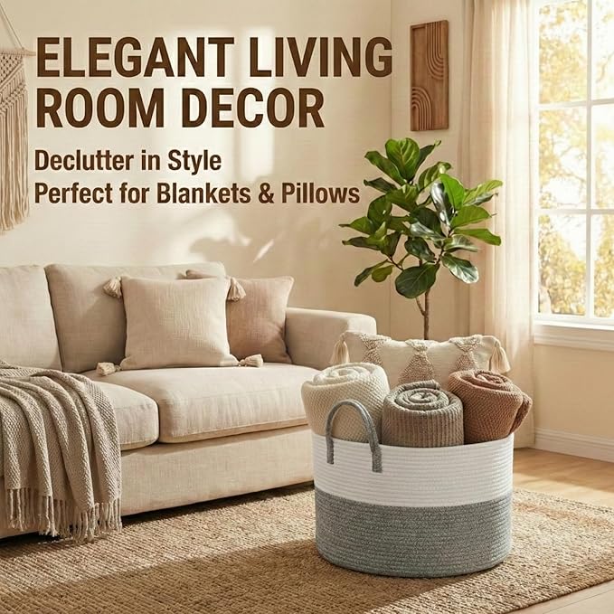 65L Extra Large Blanket Basket for Living Room - Woven Cotton Rope Laundry Hamper with Reinforced Handles - Storage Bin for Pillows, Comforters & Toys - Machine Washable,White&Grey