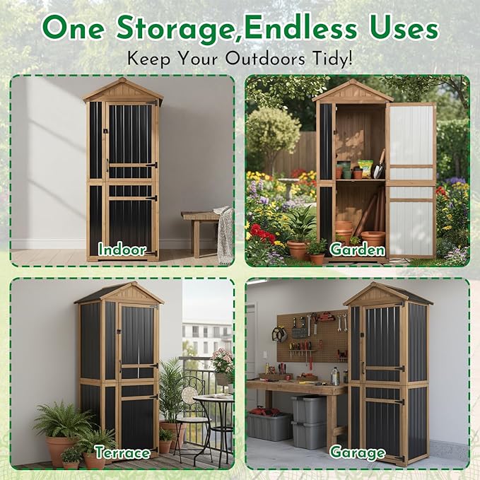 Outdoor Storage Cabinet 70 Inch, Wooden Vertical Garden Tool Storage Shed with Adjustable Shelves, Waterproof Roof, Lockable Doors, Small Backyard Utility Cabinet for Patio Garage