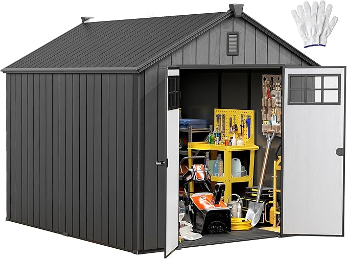 DWVO 8x10 FT Outdoor Storage Shed, 544 cuft Plastic Storage Shed with Floor & Lockable Door, All-Weather Tool Garden Shed with Window & Vent for Patio Furniture, Lawn Mower, Bike, Pool Supplies, Gray