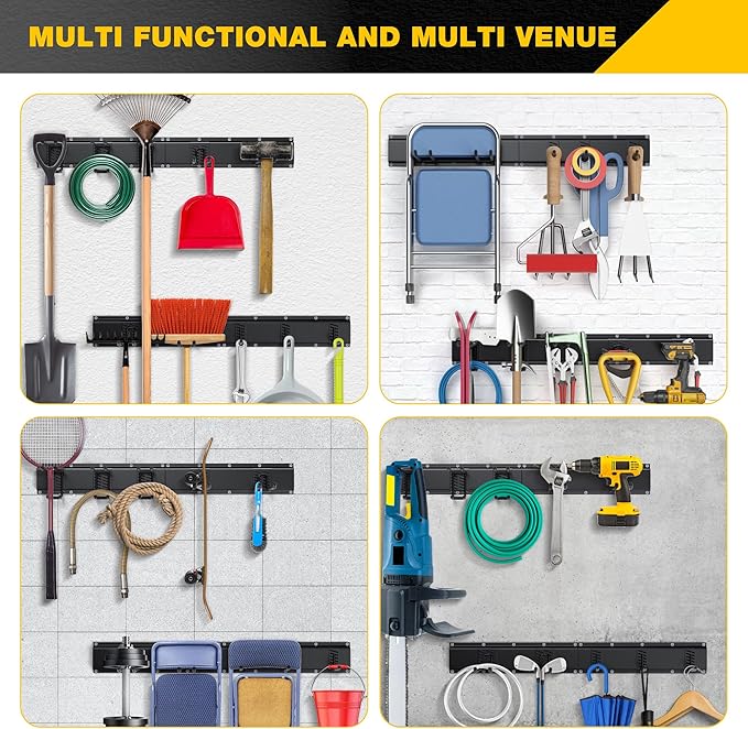 Garage Tool Organizer Wall Mount with 64 inches Rails and 10 Adjustable Heavy-Duty Hooks, Garden Tool Organizer, 14 Pack Carries 630 lbs, Heavy Duty Garage Storage Rack For Yard, Shed, Easy to install