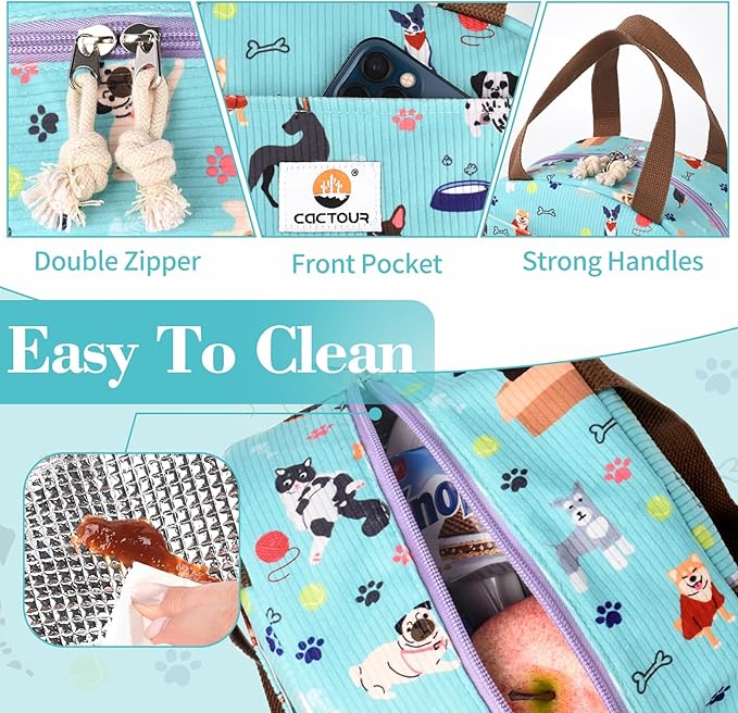 CaCTPUR Lunch Box for Women Girls Teens,Cute Lunch Box Cooler Bag, Portable Insulated Small Lunch Bag Women Reusable Corduroy Lunch Tote for Work/Travel/Picnic/School (Dog Green,Small)