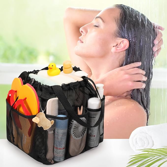 Mesh Shower Caddy Portable with Drawstring, Dorm Room Essentials for College Students boy & girl, Larger Shower Bag for Camping,Swimming,Gym,Travel,Bathroom - Black